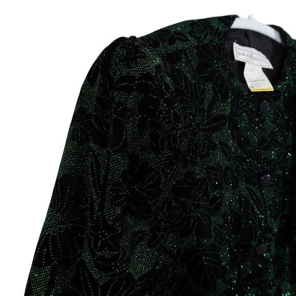 Vintage JESSICA MCCLINTOCK Size 12 Black Green Velvet Sparkle Puff Sleeve Jacket - Picture 4 of 7